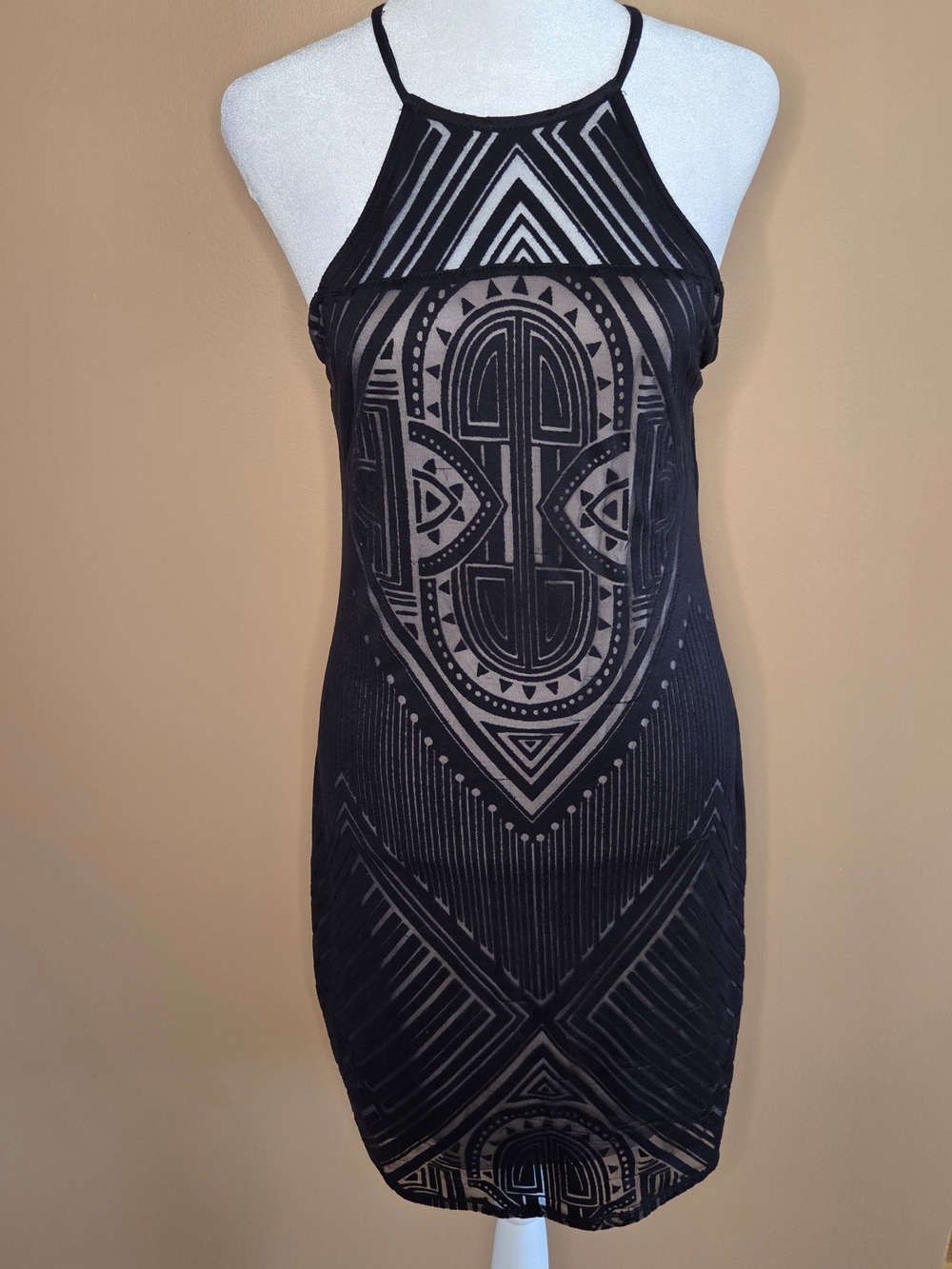 BOLD elements Black Geometric Mesh Halter Mini Dress Size M